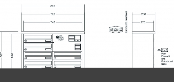 RENZ Briefkastenanlage Aufputz, Tetro, Kastenformat 370x110x270mm, mit Klingel - & Lichttaster und Vorbereitung Gegensprechanlage, 8-teilig